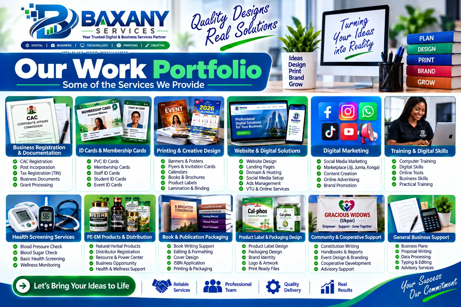 Baxany Services graphic design printing website and ID card work samples